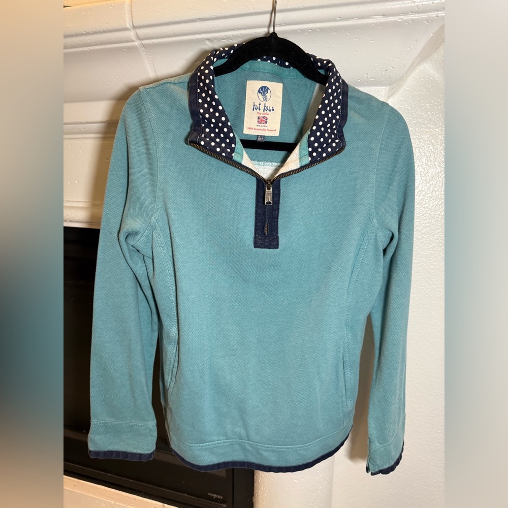 Fat Face 100% Cotton Quarter-Zip Sweatshirt with Navy Polka Dot Collar Women’s 6